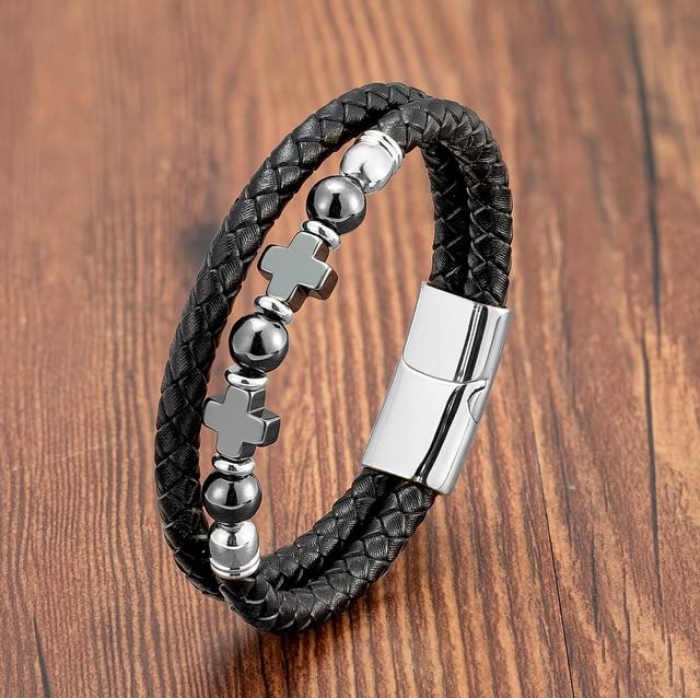 SUBOTE Vintage Woven Black Genuine Leather Bracelet Natural Tiger Eye Stone Beads Men Women Handmade Bracelet Friendship Jewelry