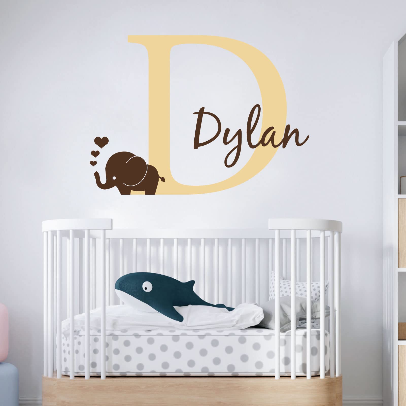 Personalised Baby Girl/Boy Name with Initial Letter and Baby Elephant, Hearts - 2 Colours [Large] [Cream]