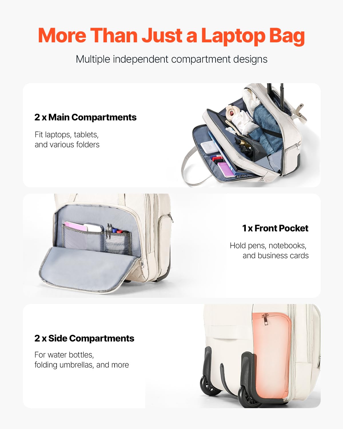 VEVOR Sac à roulettes pour Ordinateur Portable 15,6 Pouces, Mallette à roulettes pour PC, avec 2 Roues Fixes, Poignée Télescopique 4 Hauteurs, pour Travail, Voyages d'affaires, Bureau, Femmes, Hommes