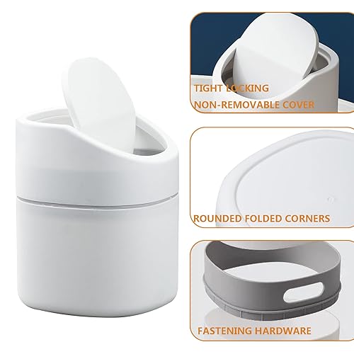 Miniatura 5 de Mini basurero de escritorio con tapa oscilante, pequeño bote de basura para encimera, tocador, mesita de noche, etc. Gratis 90 bolsas (blanco)