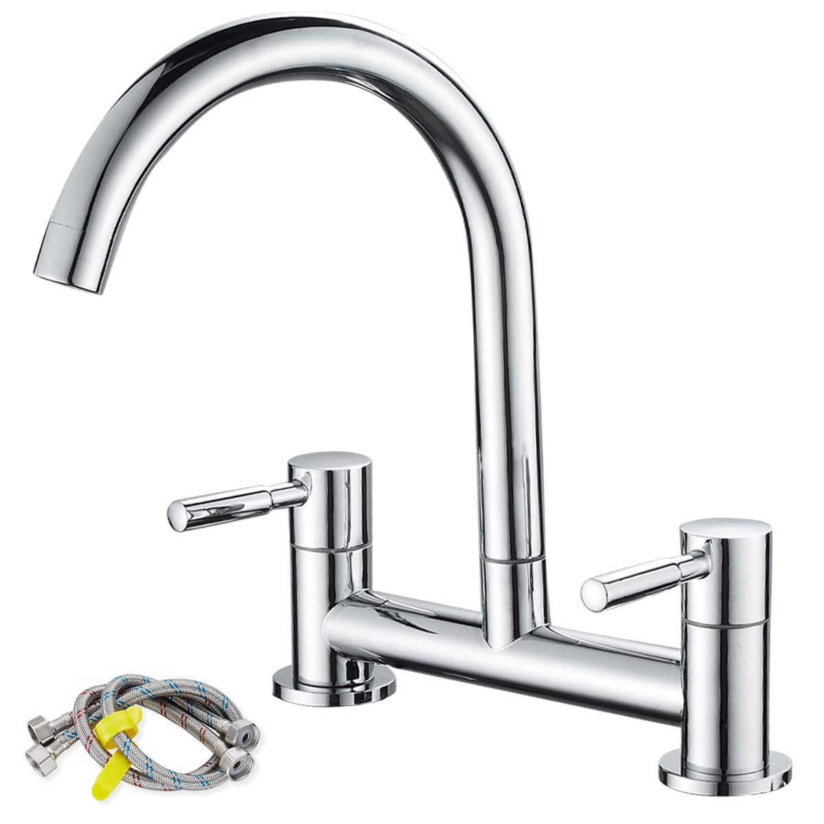 Wiquybml Black Matte Kitchen Sink Mixer Tap 2 Hole Bridge Faucet Deck Mounted 360° Swivel Spout Dual Lever Control G1/2 Hoses Standard Fittings Brass Construction