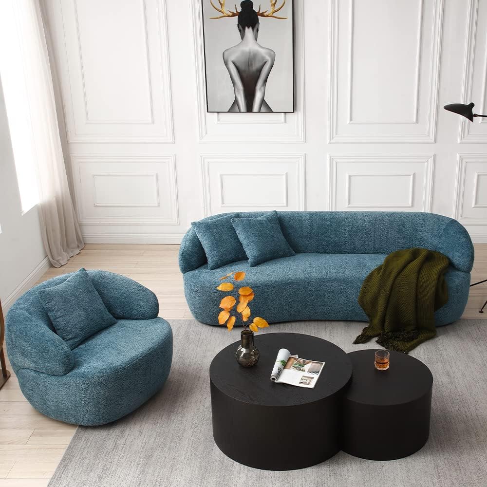Luxury Modern Curved Sofa with Round Swivel Accent Sofa Chair 2-Piece Set, Back Upholstered Boucle Fabric Couch with 3 Throw Pillows for Living Room, Office, Apartment, Navy Blue