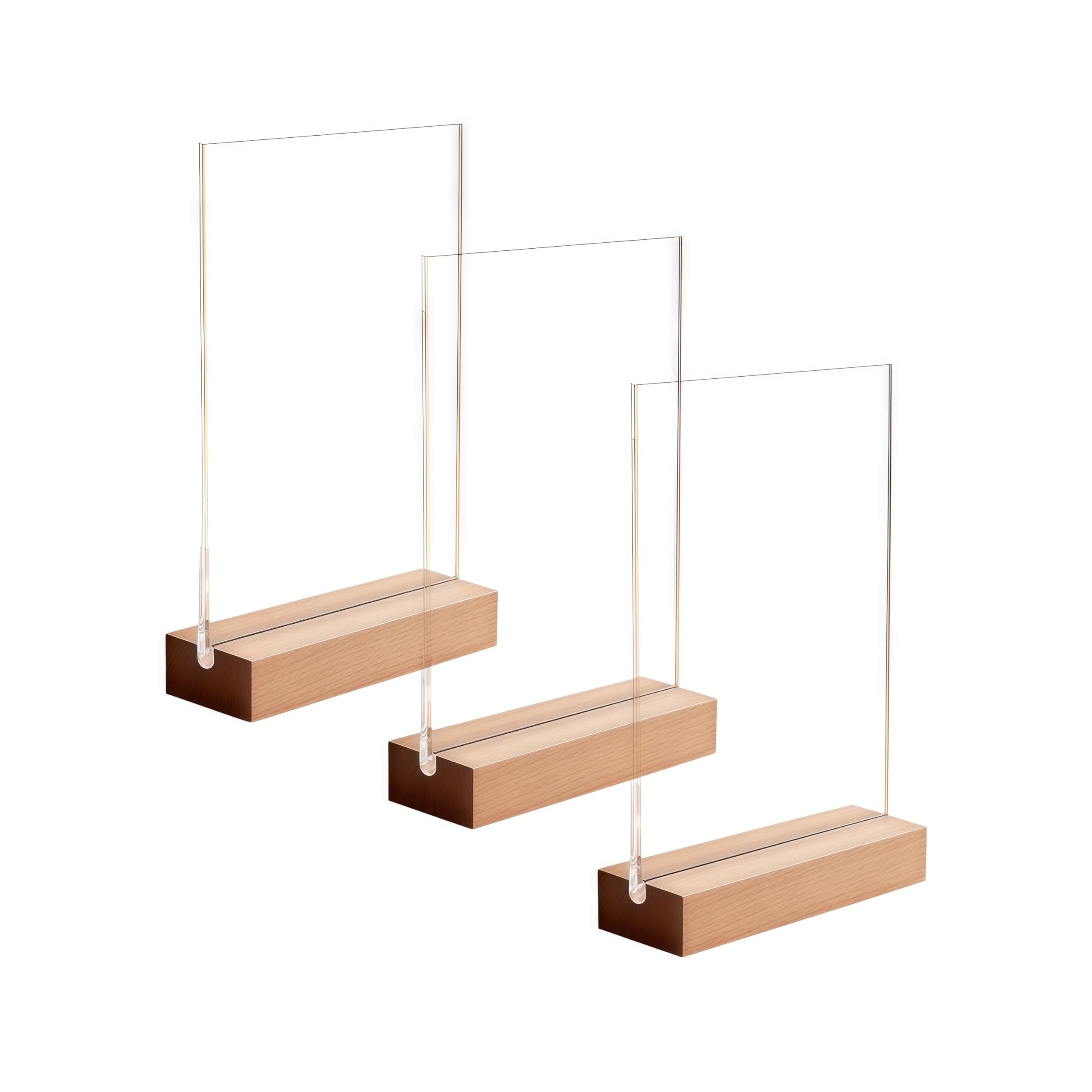 3 unidades de expositores de mesa A6, transparentes, etiquetas de precio, acrílico con base de madera, soporte vertical en L de doble cara para tarjetas de menú, folletos, publicidad