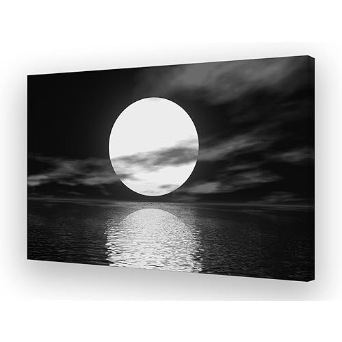 Cao Gen Decor Art S06469 Wall Art Canvas Sea White Full Moon in Night Picture Canvas Poster Print Black and White Ocean for Living Room Bedroom Kitchen Home Decorations Framed Artwork