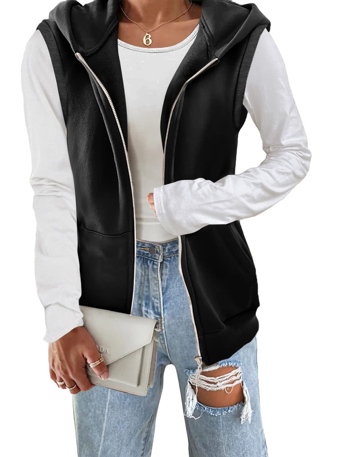 Yousify Women's Casual Thermal Sleeveless Plush Zip Up Vest Basic Hoodie Sweatshirt with Pockets