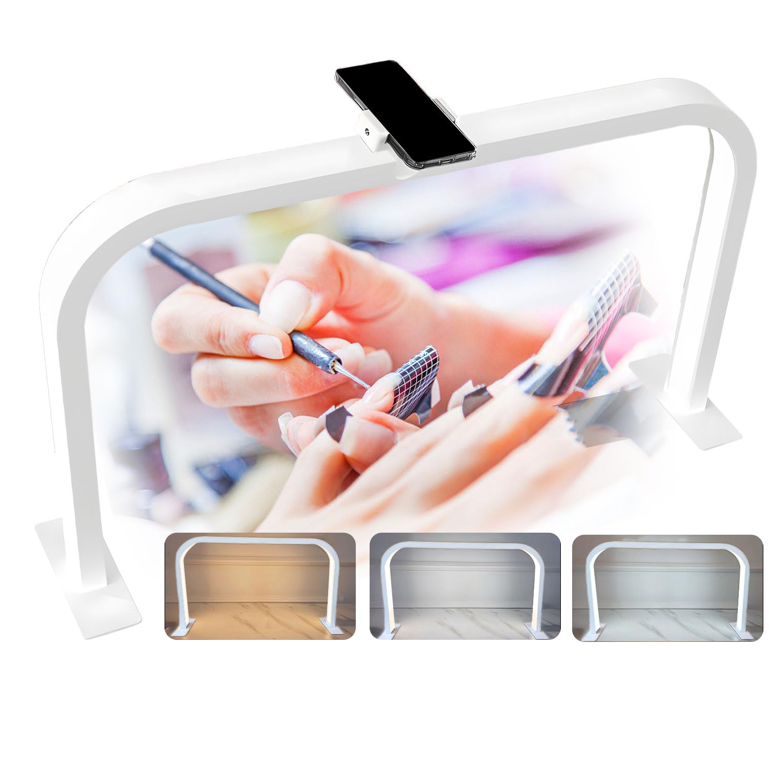 Grande Luce LED a Mezzaluna per Tavolo da Lavoro per Unghie con Supporto per Telefono, luminosità Regolabile 3000-600K, Luce da Tavolo a LED con 3 Temperature di Colore,Bianca,23.6in