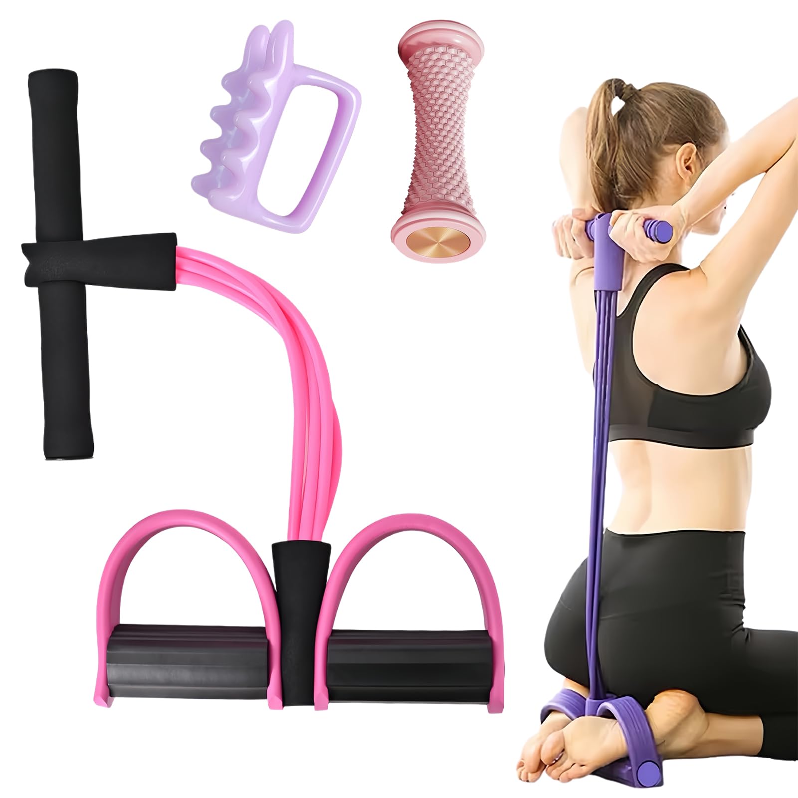 Multifunction Tension Rope 6 Tube, Foot Pedal Resistance Bands with Handle, Fitness Resistance Bands-6 Tube Pedal Ankle Puller, Exercise Equipment for Home Use (Black-Pink)