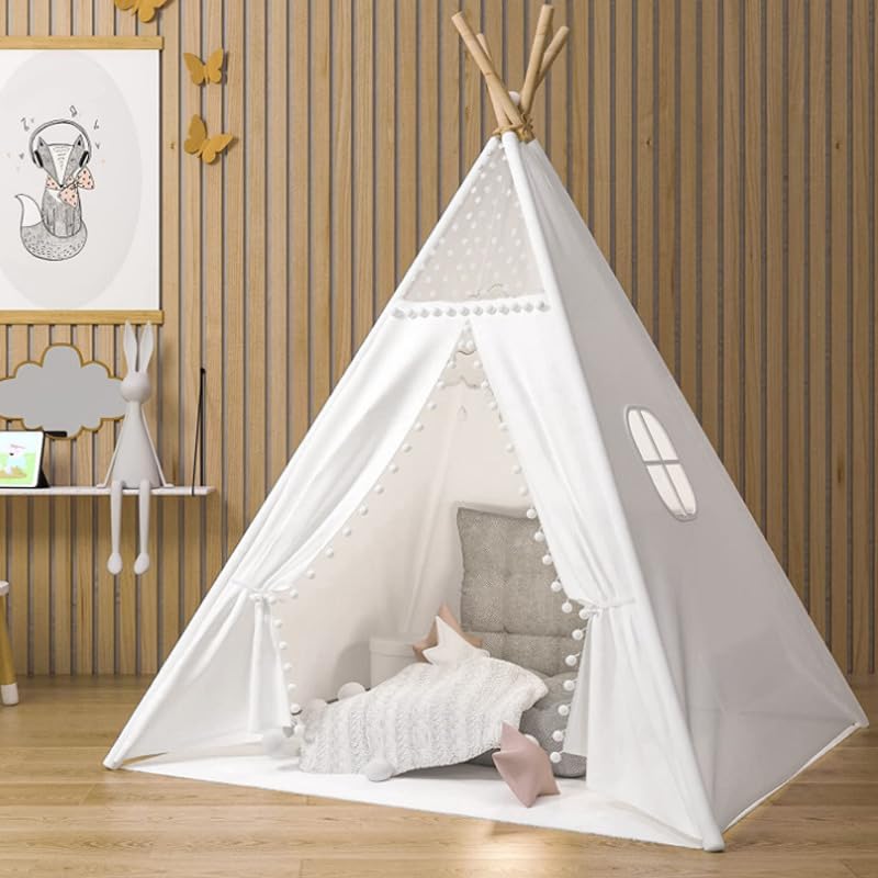 Snewvie Kinder Tipi Zelt,Dacron klassisches indisches Spielzelt für Kinder, faltbares Spielhaus für drinnen oder draußen, Kinderzelte aus Polyester für Mädchen und Jungen mit Tragetasche,Weiß