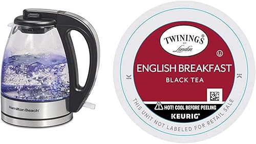 Hamilton Beach Hervidor de té eléctrico de vidrio, caldera de agua y Twinings English Breakfast Tea K-Cup Pods Bundle