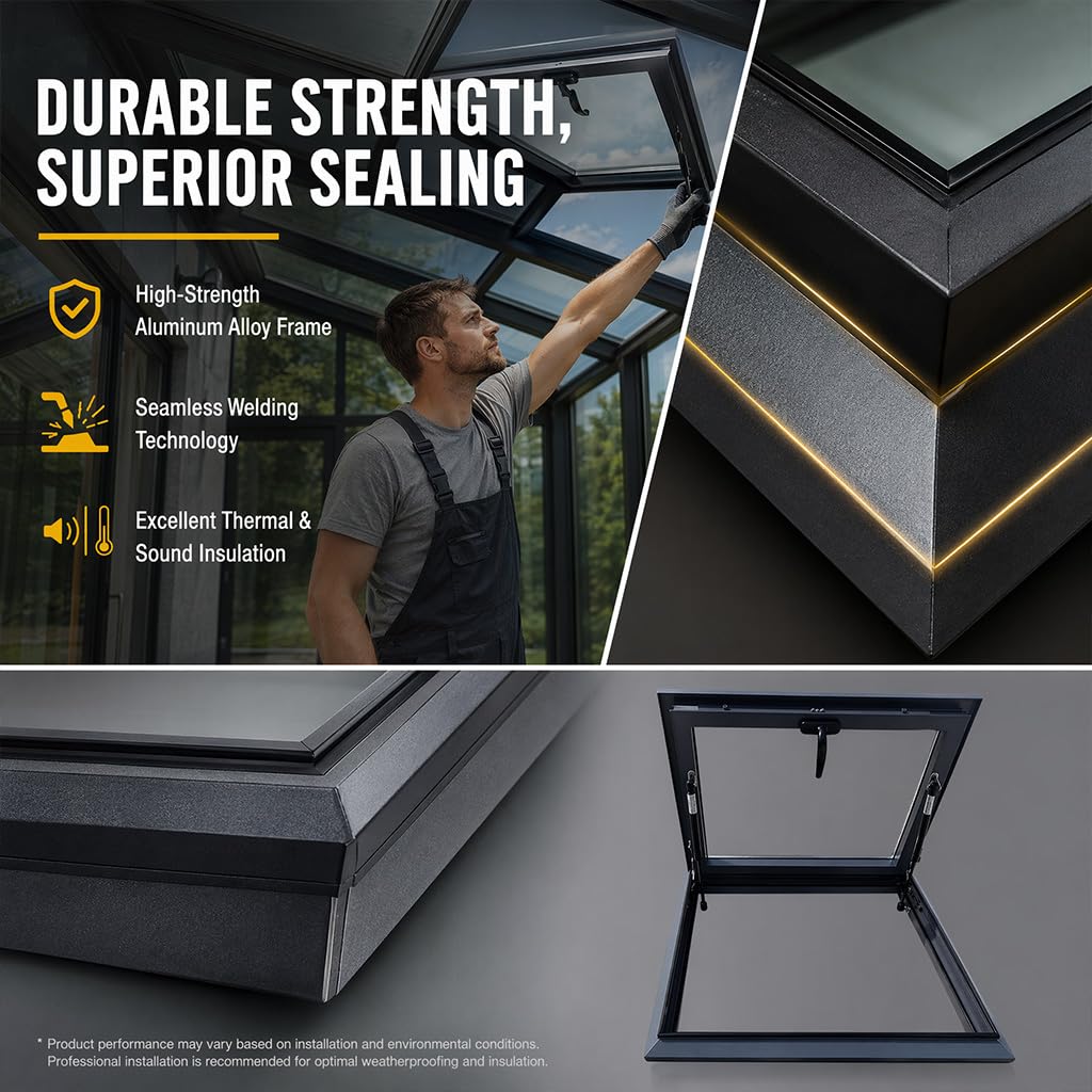 Ventana de loft de vidrio templado de doble capa con ventilación manual para ático dormitorio, estudio, escotilla de techo de aluminio con aislamiento térmico acústico (largo x ancho 70 x 55 cm)