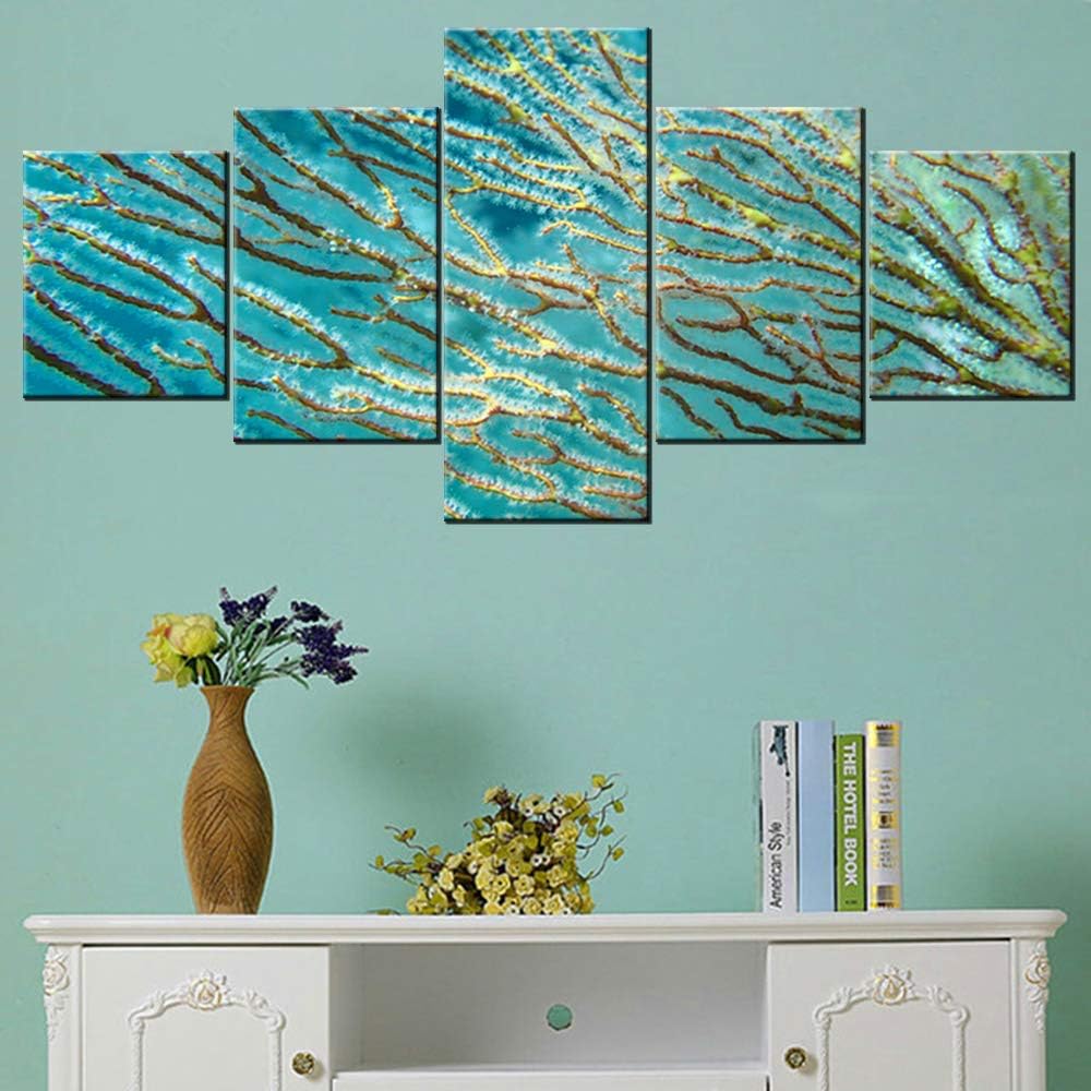 Underwater World Pictures Wall Art Coral Reef Paintings for Living Room Multi Panels Undersea Plant Artwork on Teal Canvas Home Modern Decor Giclee Framed Ready to Hang Poster and Prints(50WX24H) 50WX24H Artwork-45
