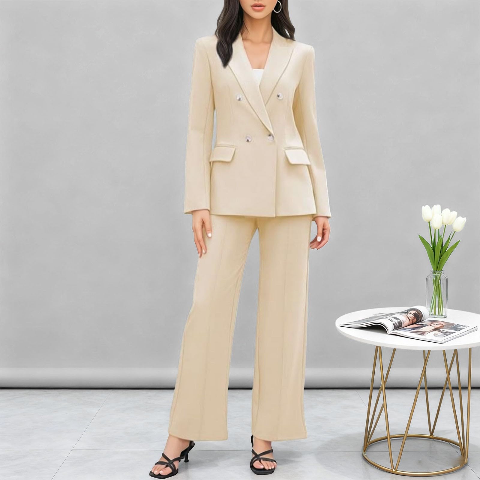 Generisch Blazer de 2 piezas para mujer, ropa de negocios, informal, chaqueta asimétrica, con botones, pantalones de pierna ancha, elegantes conjuntos de traje de dos piezas, para oficina, formal