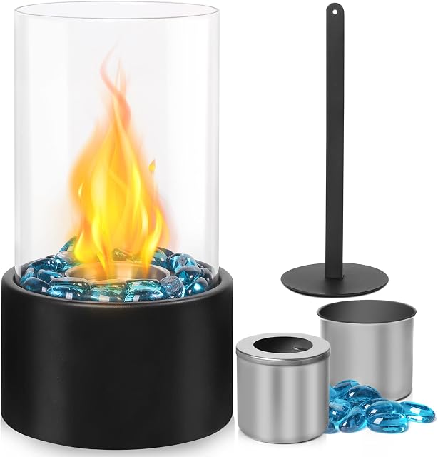 Eufrozy Tabletop Bioethanol Fireplace - Long Burning Time Smokeless Portable Table Top Firepit, with Reinforced Glass Cover + Elegant Blue Glass Stone, for Indoor Outdoor Room Decoration
