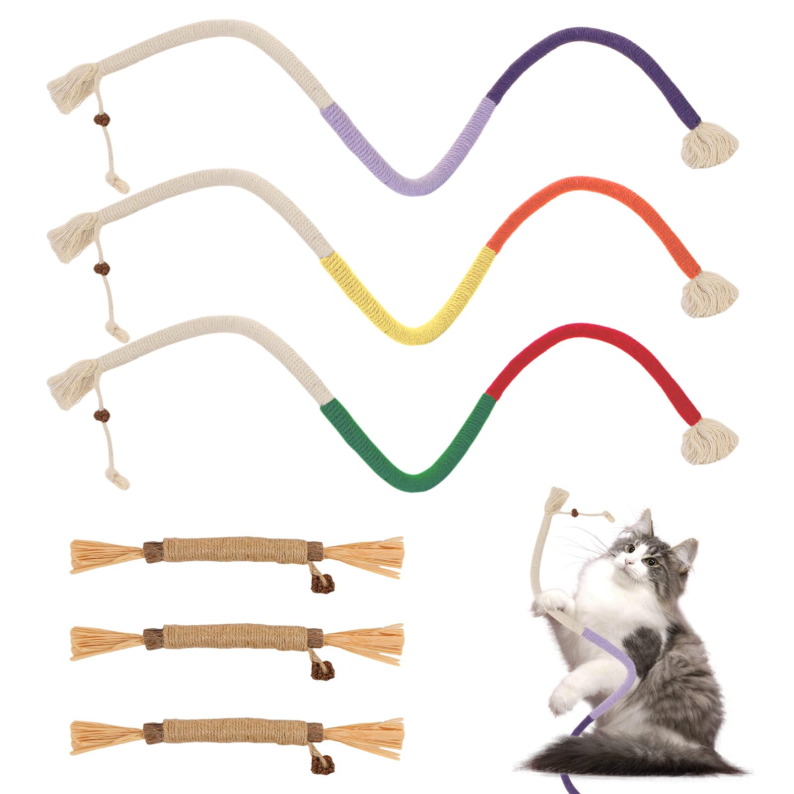 LALASTYLE 6PCS Natural Cat Teething Toy, Cat Chew Toy Bite Rope and Silvervine Chew Sticks, Interactive Kitten Chew Toy