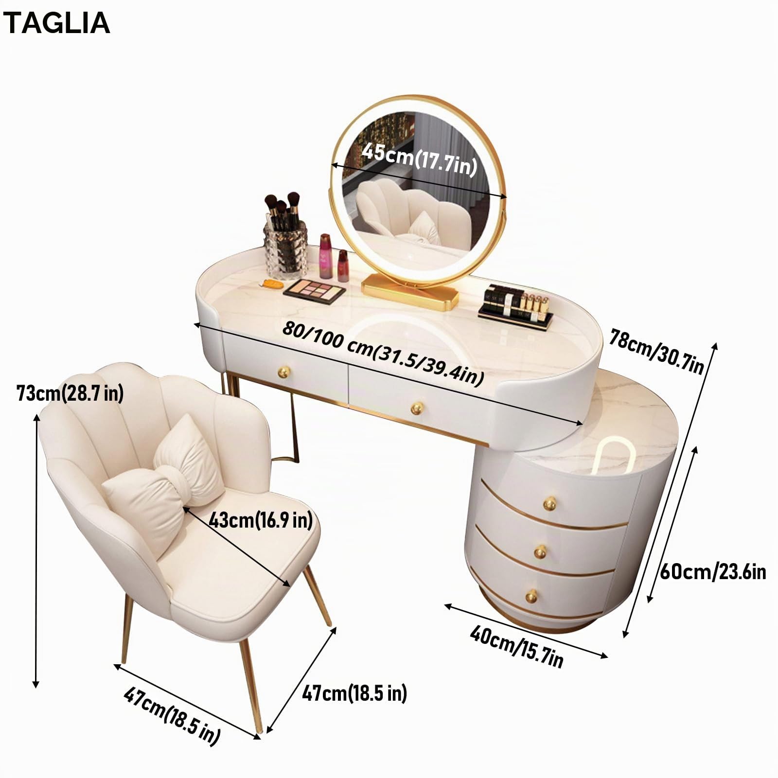 Postazione Trucco con Luci e Specchio, 3 Modalità Colore e Luminosità Regolabile, Toeletta da Trucco con 6 Cassetti in Legno, Sedia in Velluto per Donne, 80/100 * 40 * 78 CM