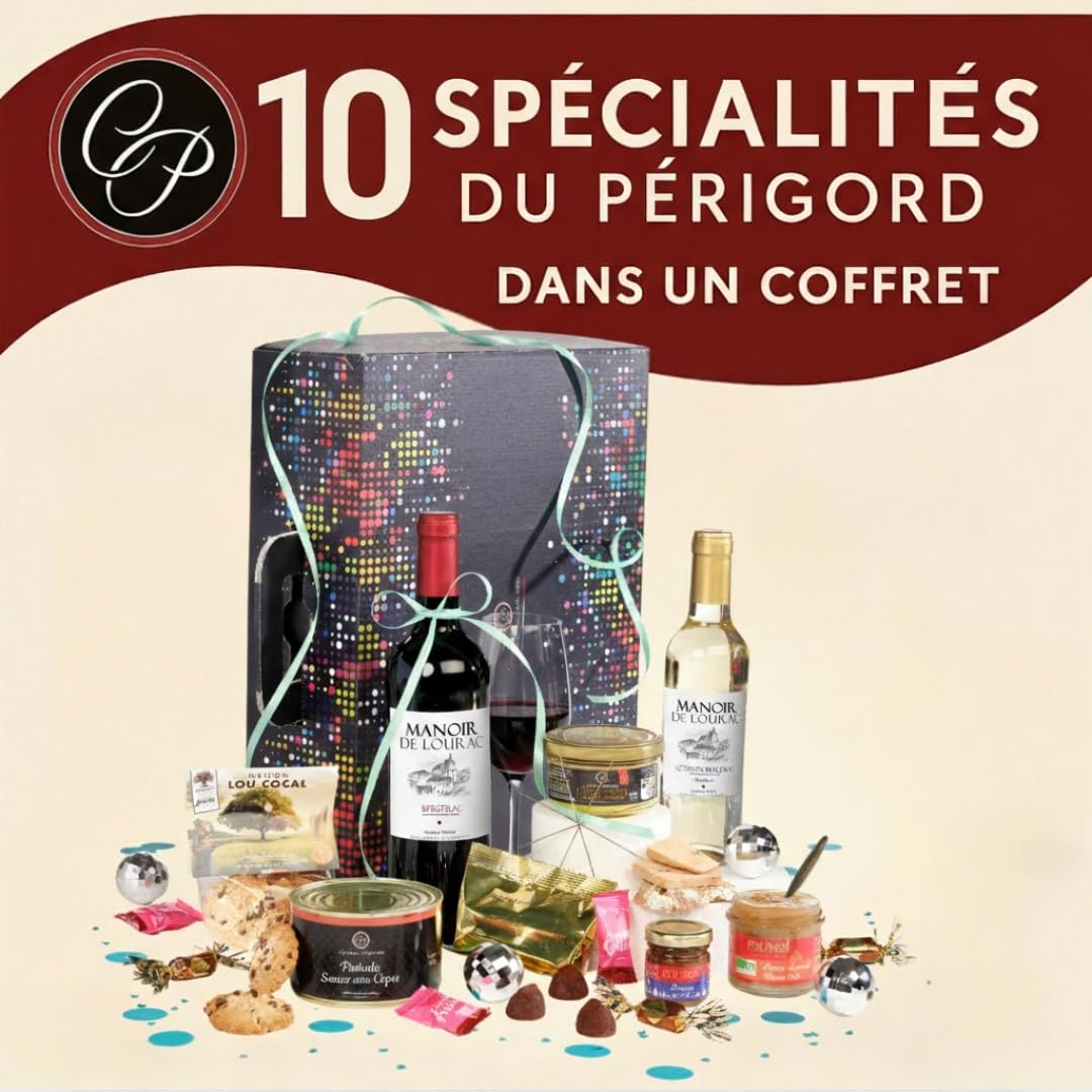 Cellier du Périgord Panier Gourmand Colis de Noël 2 Vins AOP | Colis de Noël : foie gras, terrines, plat du terroir, desserts + 2 vins AOP Côtes de Bergerac et carte de vœux