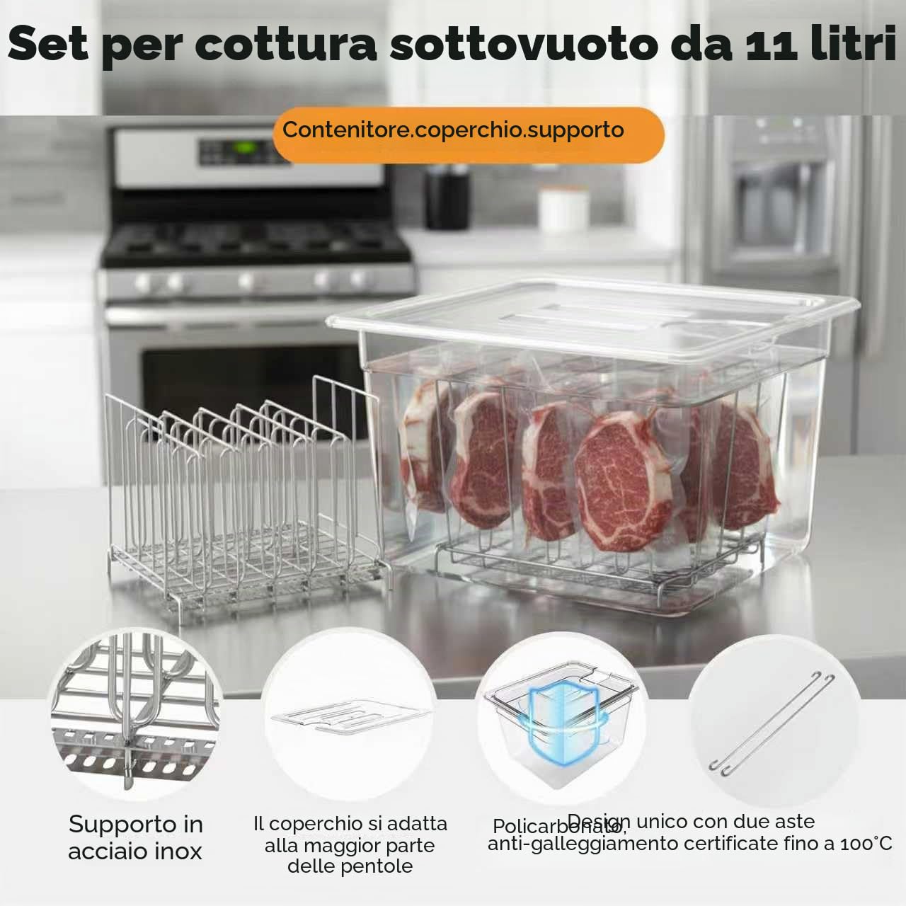 Sous Vide Contenitore 11L con coperchio e rack trasparente multifunzionale senza BPA