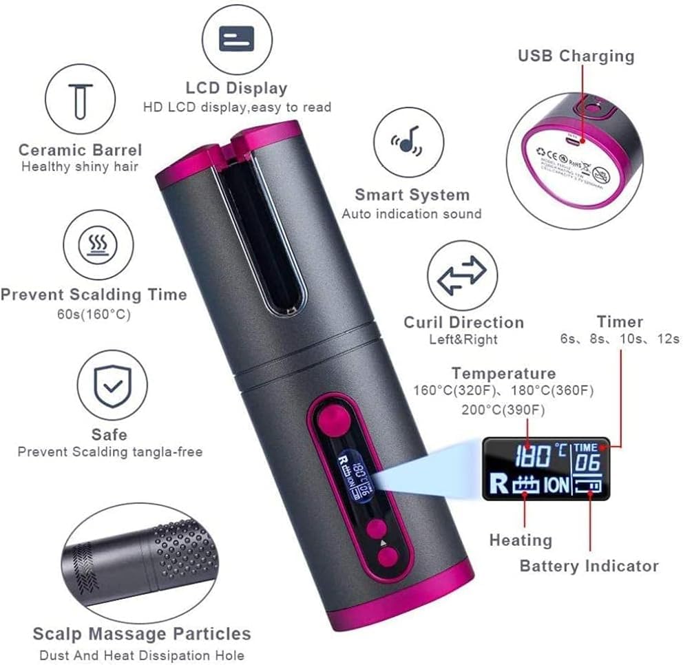 Wireless Automatic Curling Iron, Cordless Auto Hair Curler, Ceramic Rotating Hair Curler with 6 Temps & Timers - Image 3
