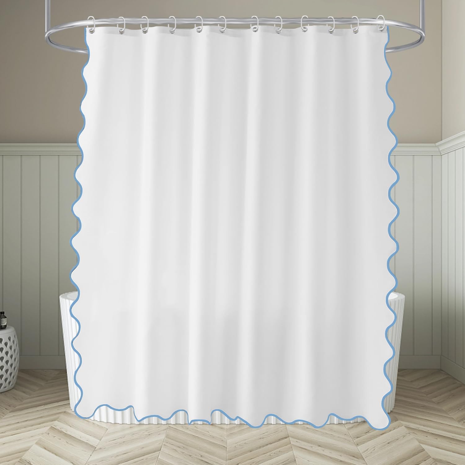 TheBlackSpot Small Stall White Boho Shower Curtain with Scalloped Border Chic Theme Narrow Fabric Bathroom Decor with Hooks Waterproof Washable (Blue, 84" H x 72 W)