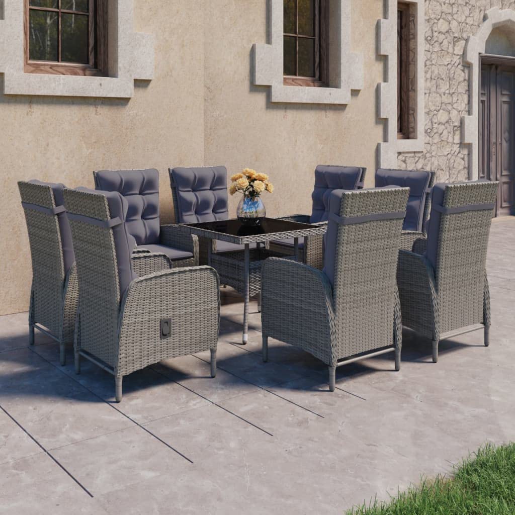 Rattan Gartenmöbel Set 8 Verstellbar Stühle mit Tisch Garten Essgruppe 8 Personen Sitzgruppe Outdoor Terassenmöbel Außen Poly Rattan und Glas-Grau-9-tlg