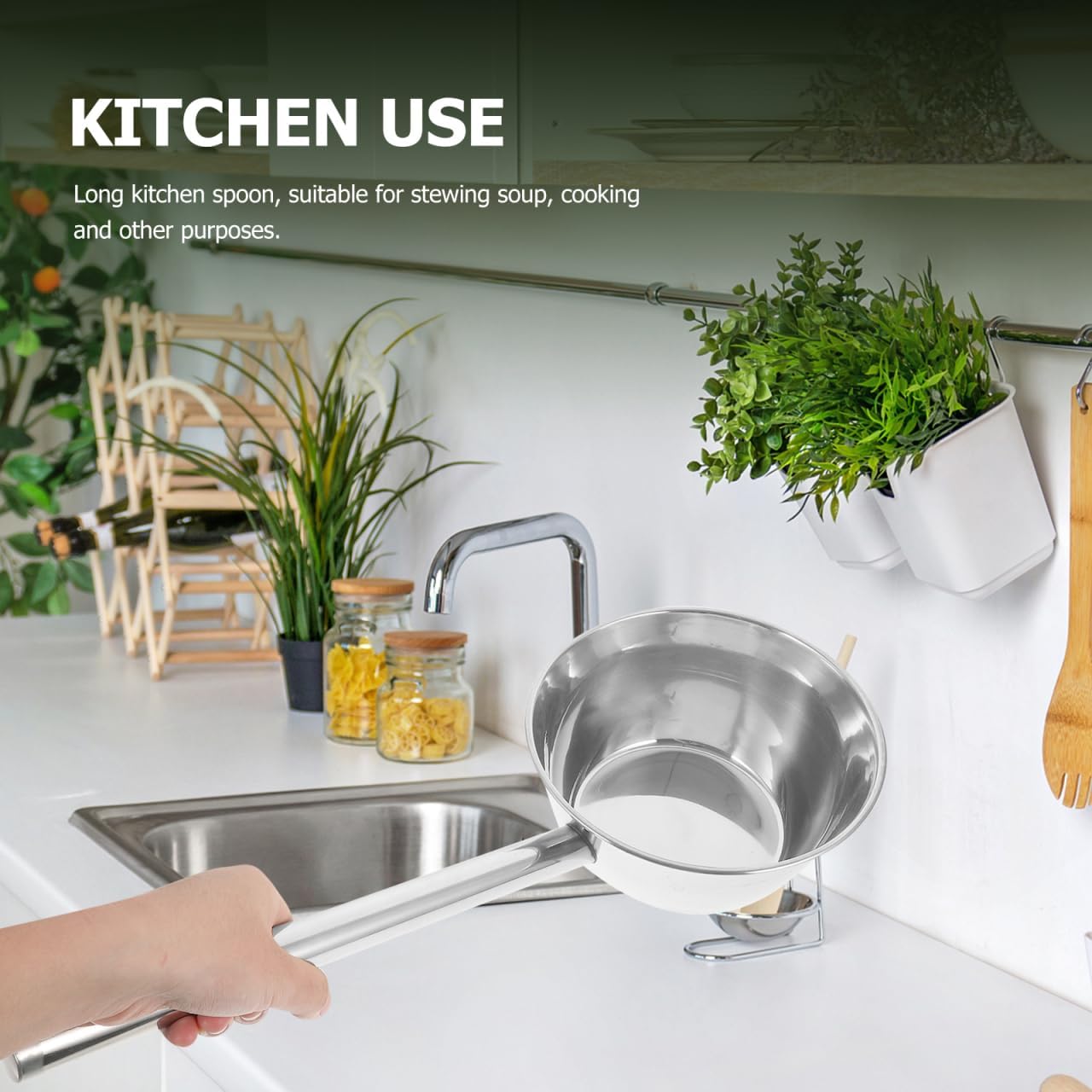 PRETYZOOM Long Handle Water Scoop, 19'' Stainless Steel Ergonomic Ladle, Multi-usage for Kitchen Cooking, Serving, Garden Watering