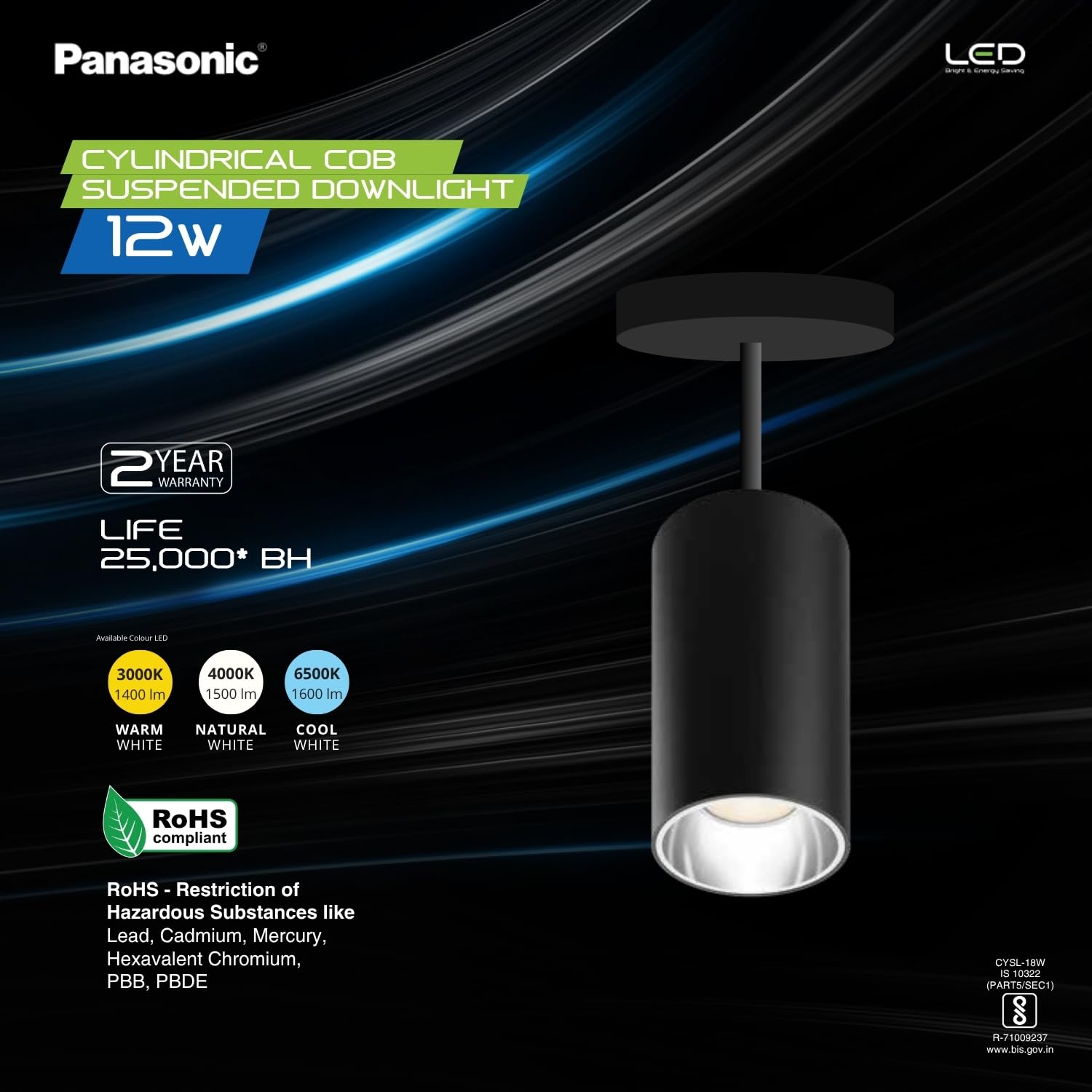 Buy Panasonic 12W Cylindrical Pendant Spotlight, Silver Reflector