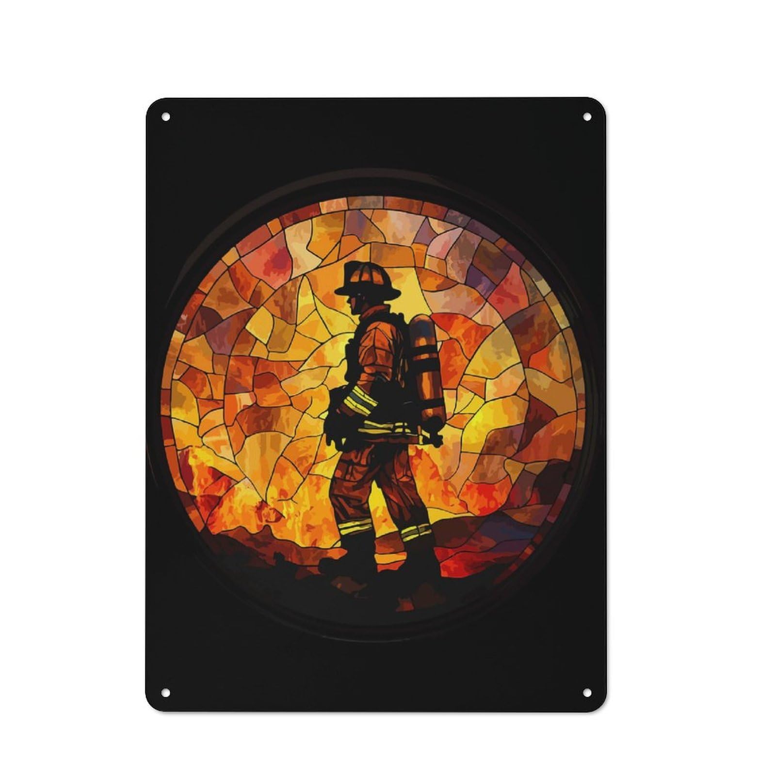 Junmoney Firefighter Stained Glass Vintage Metal Plaque 40X30cm, Diner Style Decor For Coffee Bar, Kitchen, Bistro Or Tea Corner