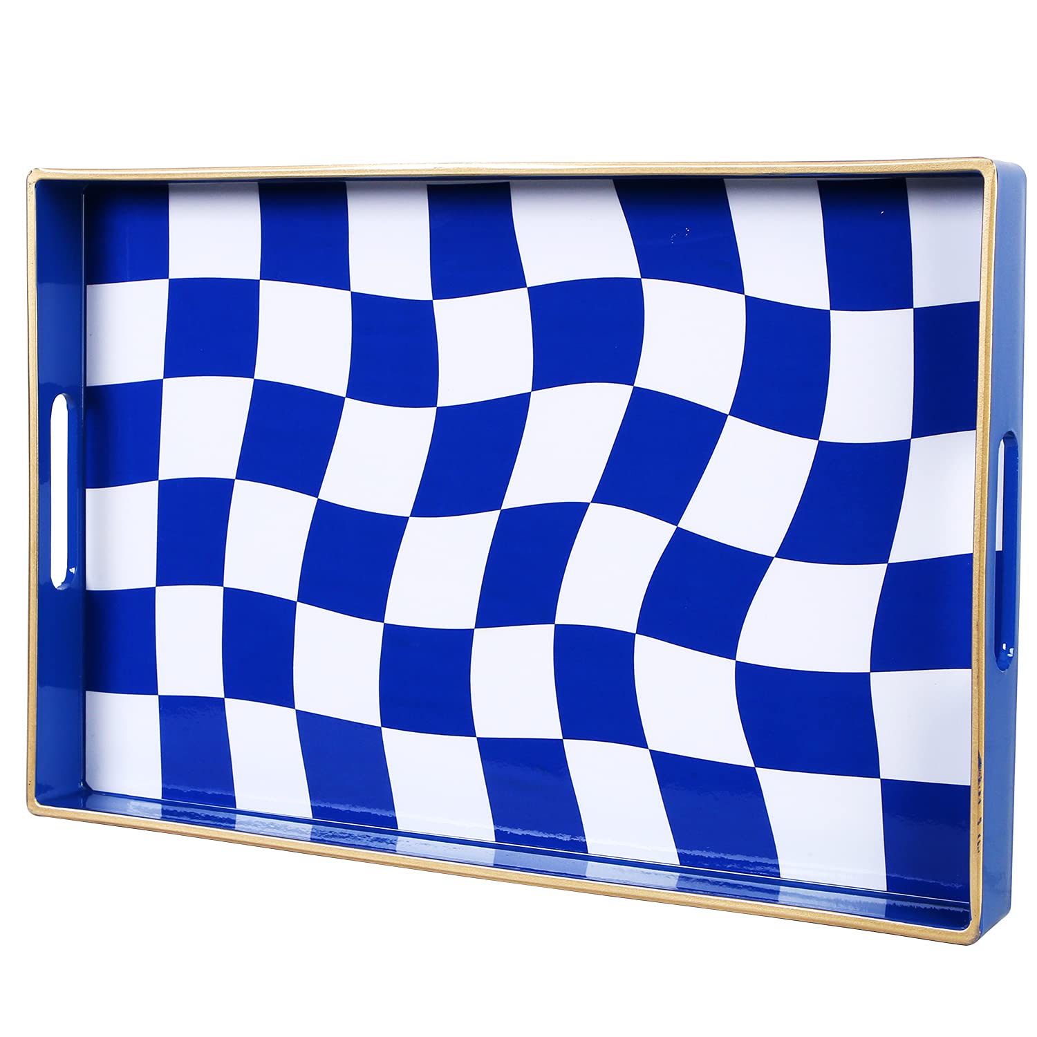 Decorative Tray, Marbling Plastic Tray with Handles, Rectangular Vanity Tray and Serving Tray for Bathroom, Kitchen, Ottoman Tray and Coffee Table, 15.6" x 10.2" (Blue and White Checkered)