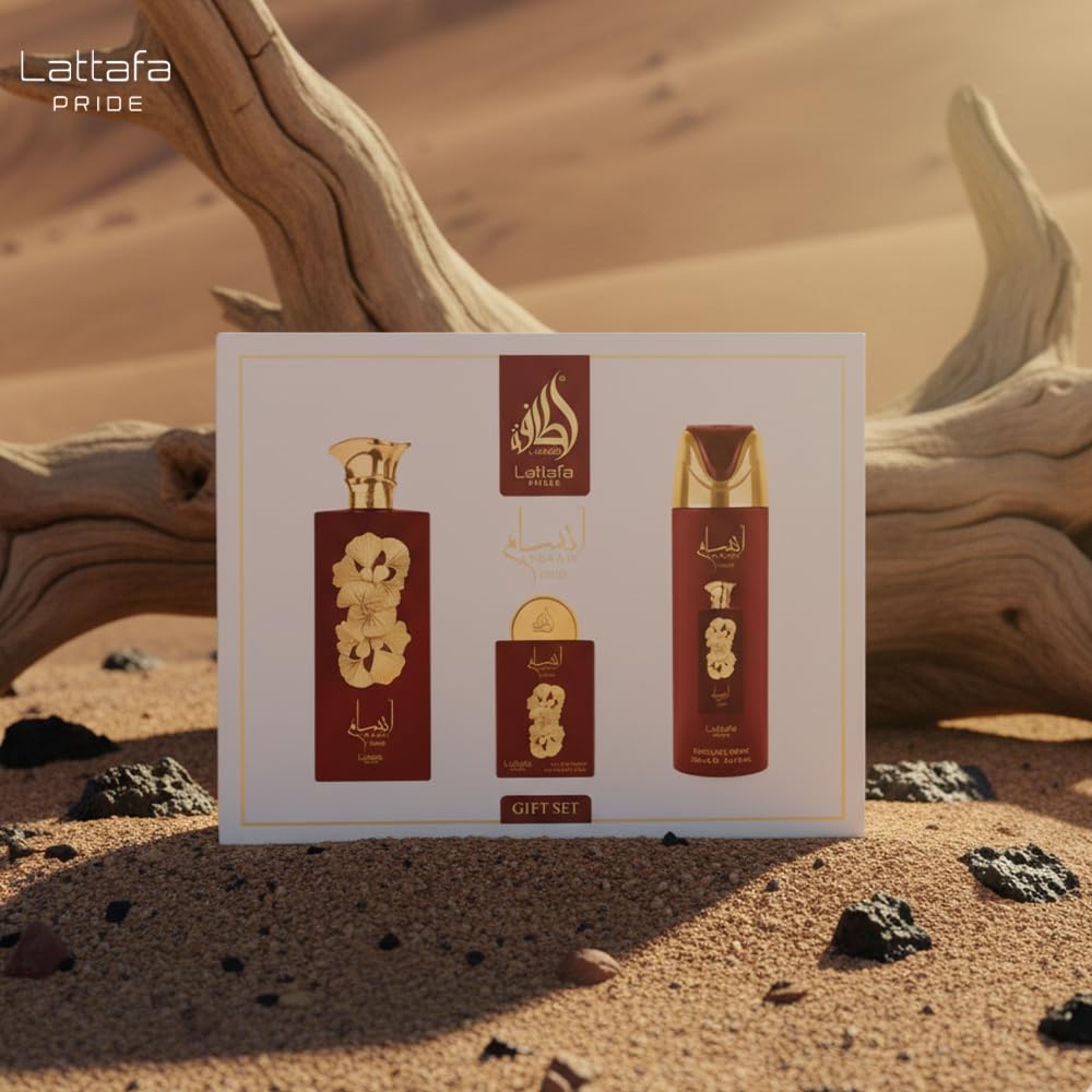 Lattafa Pride Ansaam Gold 3-częściowy zestaw upominkowy (EDP 100 ml + zapachowy spray do ciała 200 ml + EDP 20 ml + butelka wielokrotnego napełniania) - długotrwały zapach dla kobiet