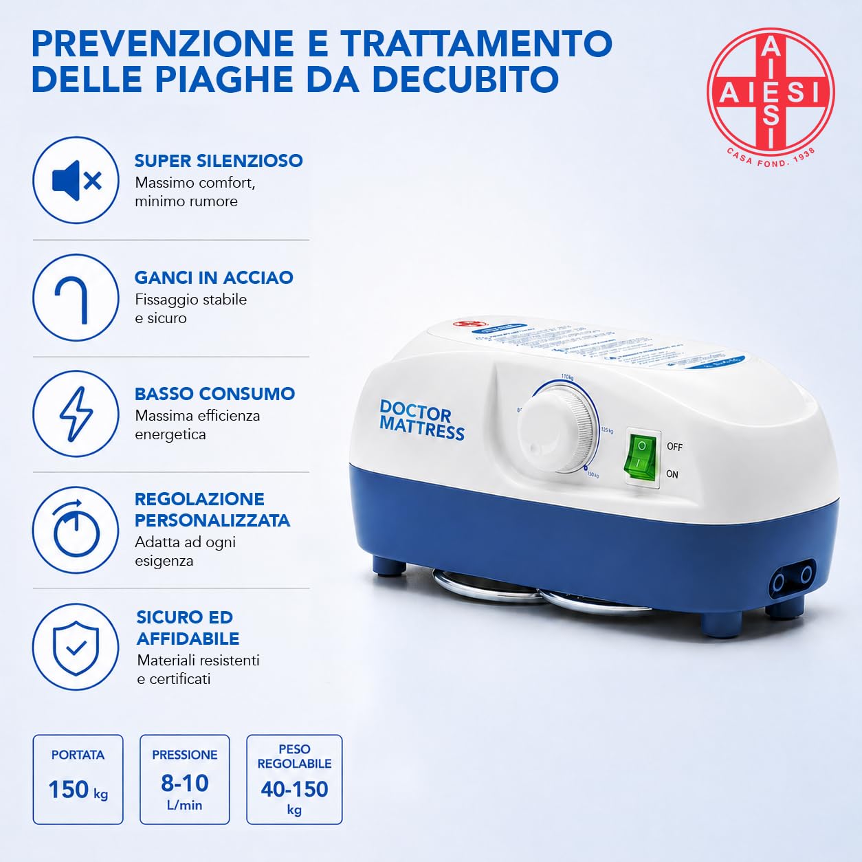 AIESI® Compressore regolabile universale a ciclo alternato per materasso antidecubito standard, Ganci in acciaio, Garanzia Italia 24 mesi