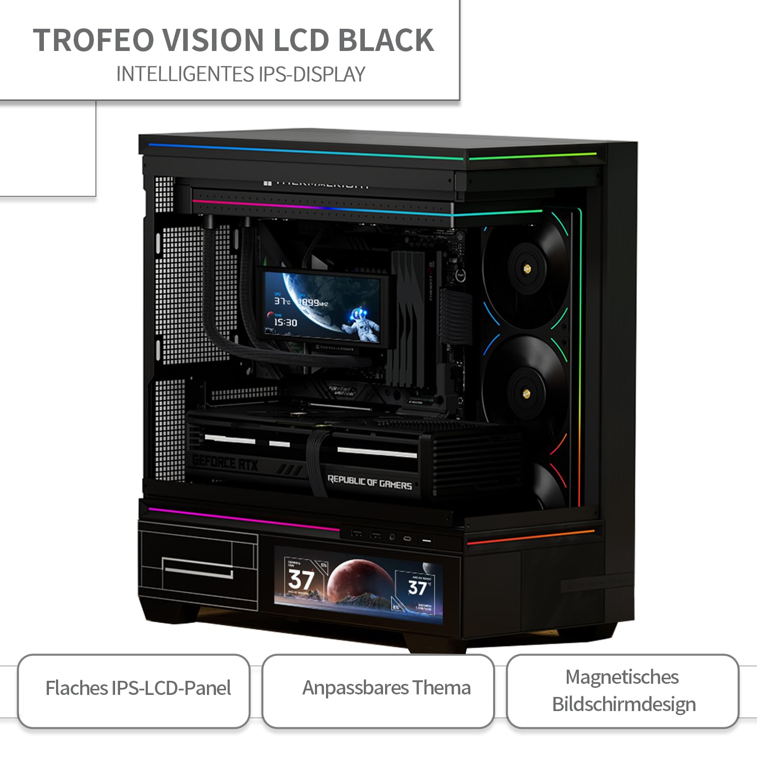 TR Thermalright Trofeo Vision Black Écran LCD IPS 6,86 pouces Résolution 1280 x 480 - Peut être fixé au châssis/refroidisseur liquide du processeur, images/vidéos dynamiques DIY, noir