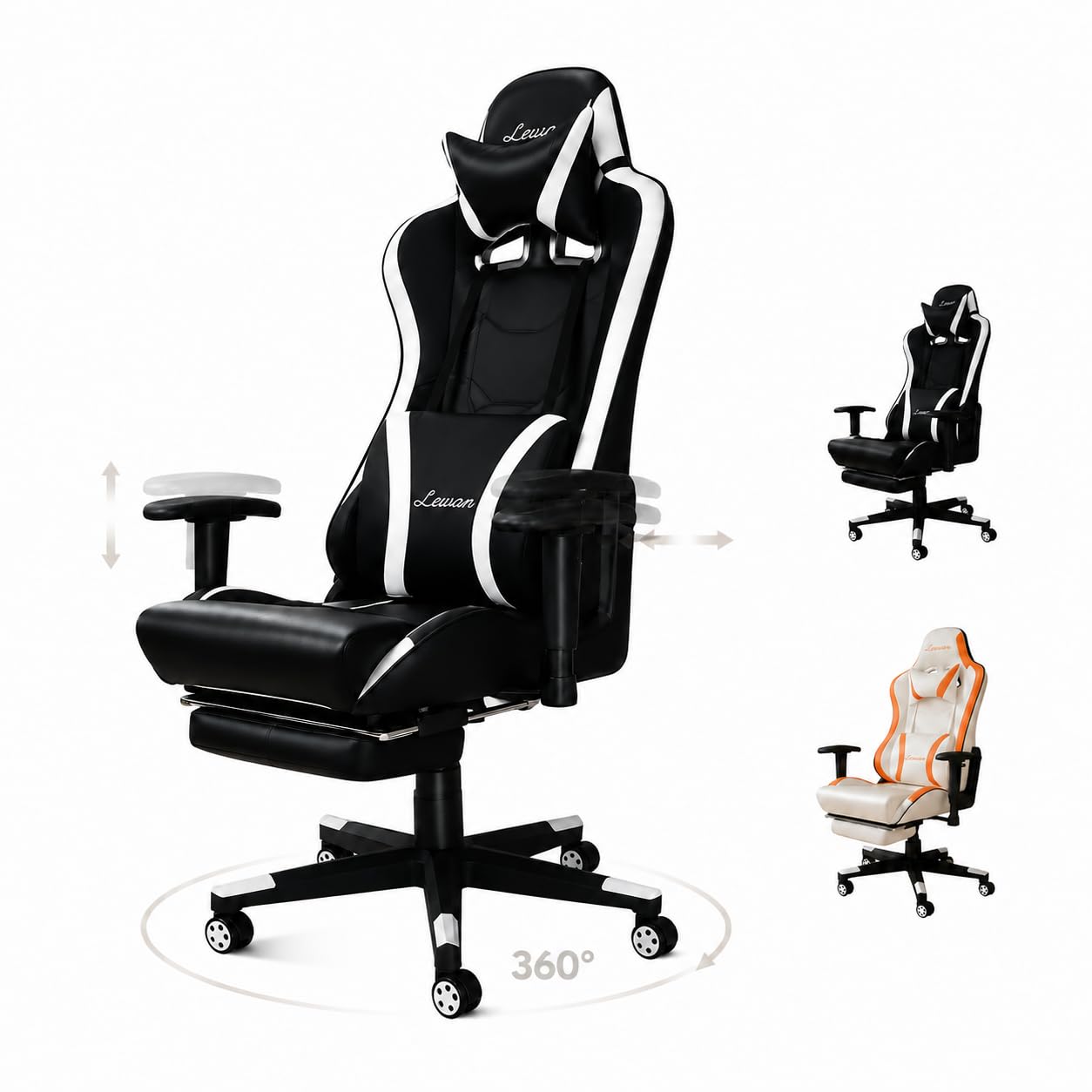 Chaise Gaming pour Adultes, Chaise Bureau Gaming, Chaise de Bureau Ergonomique avec Repose-Lombaire, Appuie-Tête, Repose-Pieds et Rotation 360° (Noir)