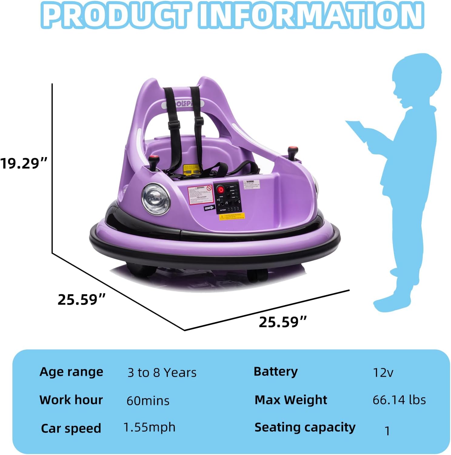 12V Bumper Car for Kids, Bumper Car for Toddlers W/Remote Control, Electric Ride On Car with LED Lights & 360 Degree Spin, Bluetooth, Anti-Collision Padding, Safety Belt, DIY Stickers,Purple