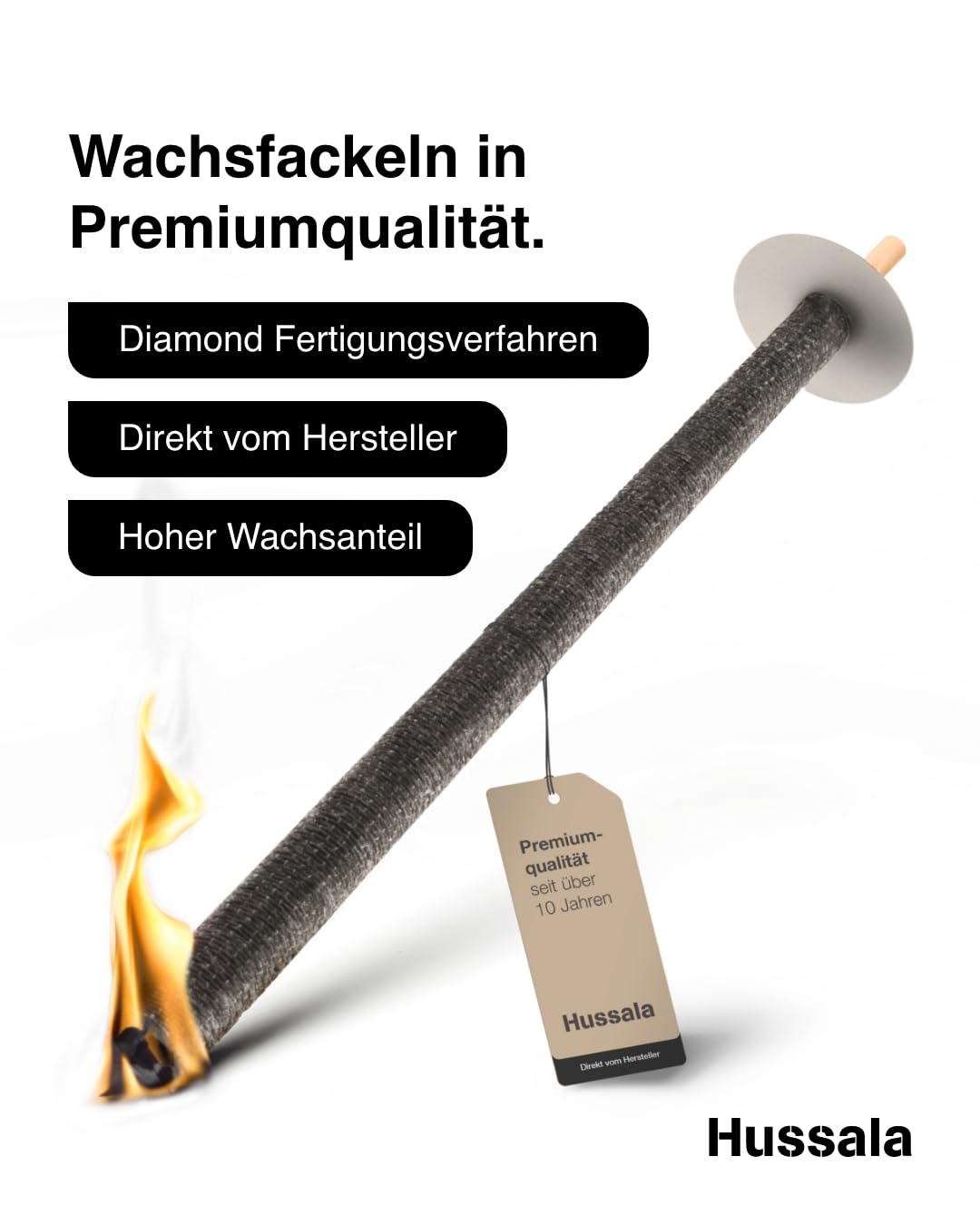 Hussala Diamond Wachsfackeln 30 Stück 135 min mit Holzstab und Tropschutz Garten Fackeln