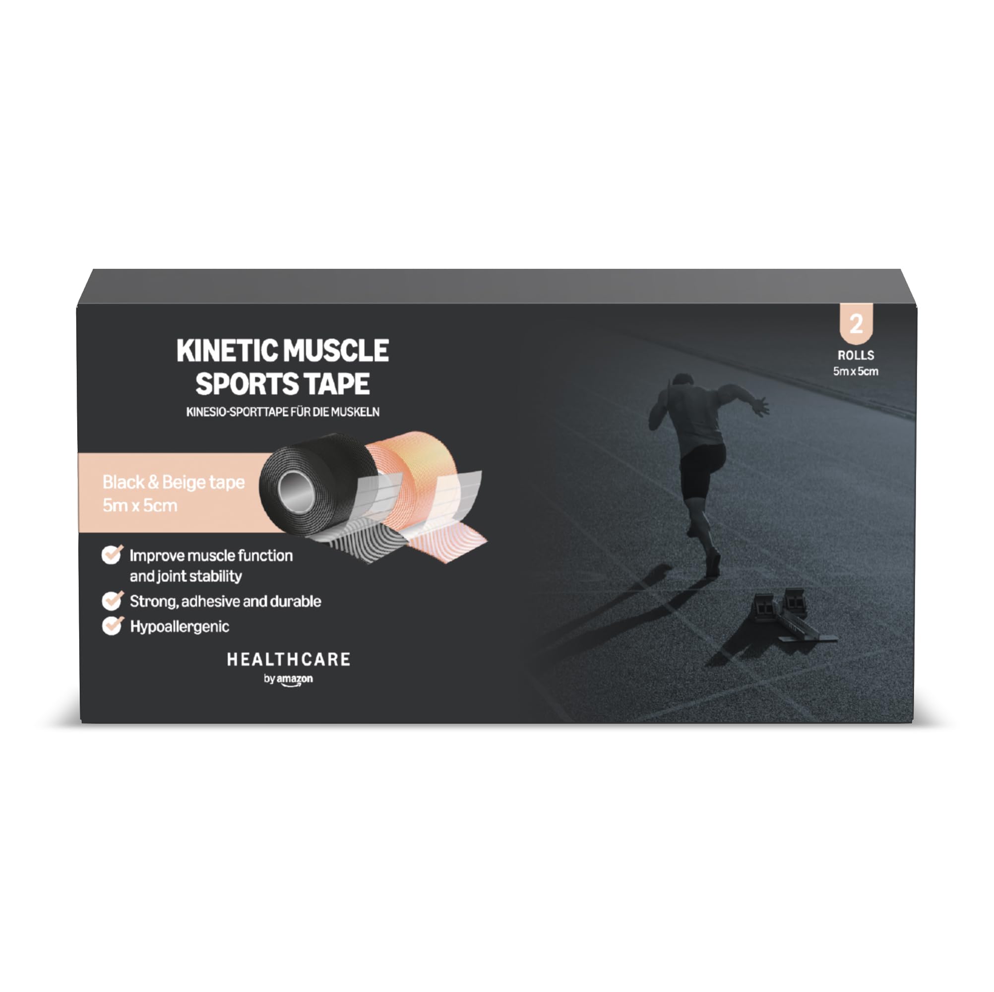 Healthcare by Amazon Kinetic Muscle Sports Tape, 5m x 5cm, Pack of 2, Black, Beige (Previously a Amazon Basic Care brand, same product)