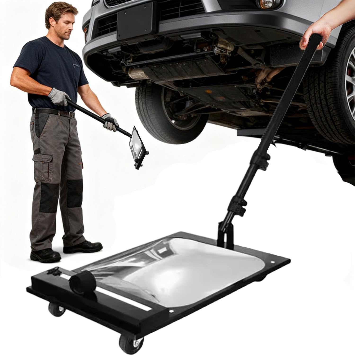 Espejo de inspección telescópico Plegable 30×30 cm con iluminación LED, Espejo de inspección Ajustable 360° con Rueda Universal y Mango Extensible para revisión de vehículos