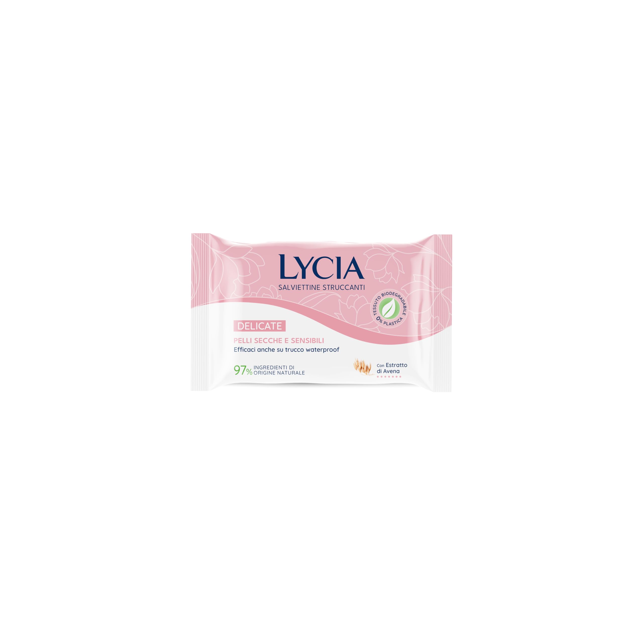 Lycia, Salviette Struccanti per Pelle Secca e Sensibile con Prebiotico e Latte d'Avena, Eco Tessuto Doppia Azione Biodegradabile, Formula Idratante, Protezione della Barriera Cutanea, 20 pezzi