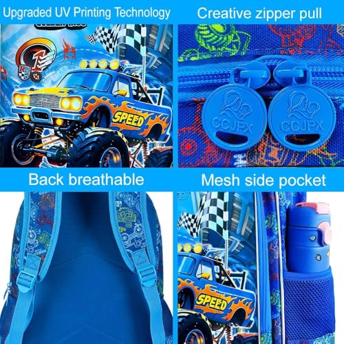 Image of 3Pcs Truck Backpack for Boys, School Bookbag with Lunch Box, 16 inch Kids Backpacks for Elementary Preschool Kindergarten (Blue)