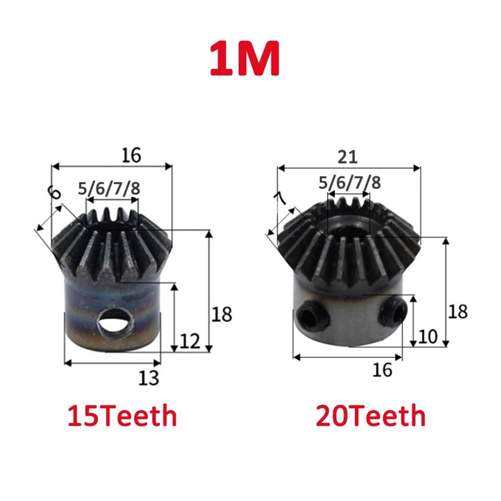 Bevel Gear Pinion Hardware Mechanical 1pc Bevel Gear 1M Module 15 Teeth Inner Hole 5/6/7/8mm Gear 90 Degrees Meshing Angle Steel Gears Screw Hole M5 No Keyway(8mm)