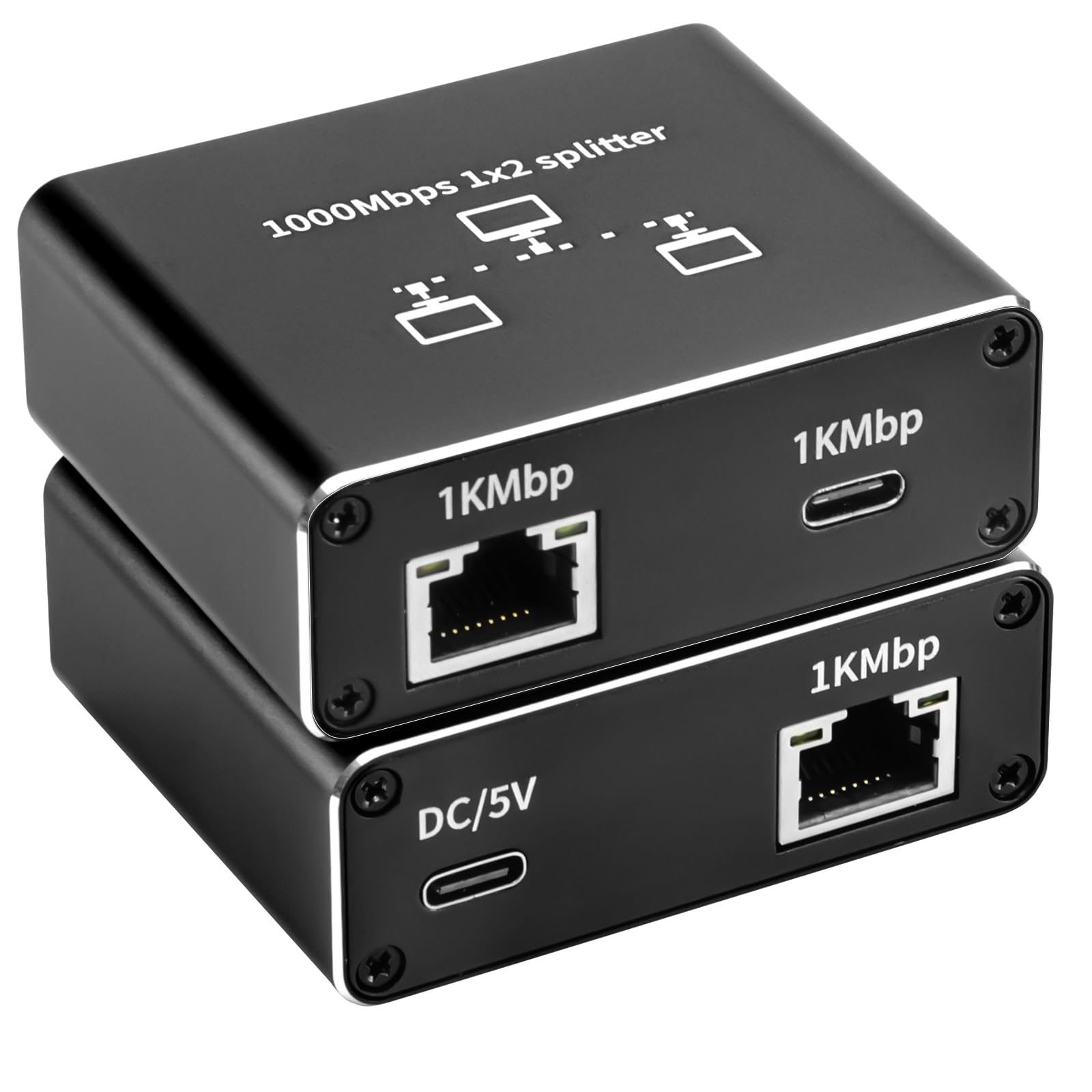 Bytecc Gigabit Ethernet Splitter 1 in 2 Out (one RJ45 and one Type C Output), 1000Mbps High Speed Internet Adapter (2 Device Simultaneously Networking), LAN Splitter Black (RJ-SP102)
