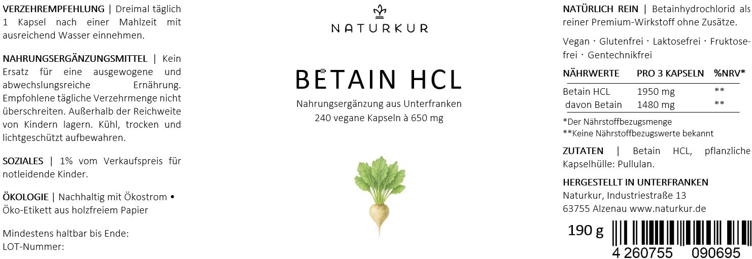 Naturkur® Betain HCL 650mg - 240 Kapseln im Apothekerglas - vegan, ohne Zusatzstoffe, hergestellt in Unterfranken