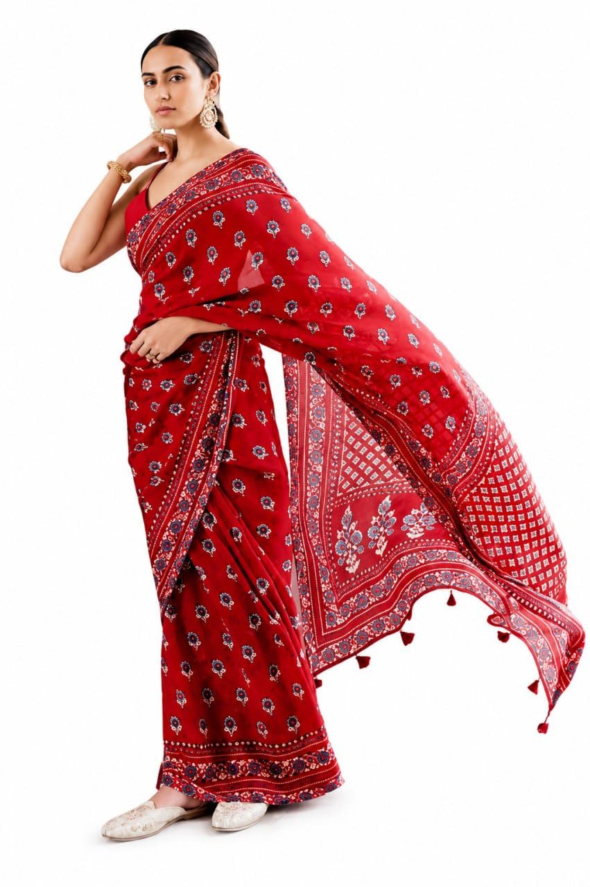 Pure Cotton Saree for Women Hand Block Printed Traditional Handloom Soft Lightweight Floral Fancy Festival Ethnic Daily Wear with Blouse Piece Red-image-29
