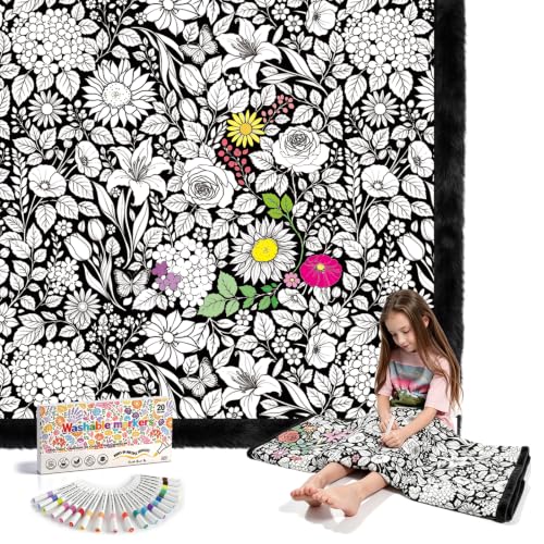 ROYAMOON Flowers Washable Coloring Blanket for Adults & Kids - 20 Markers
