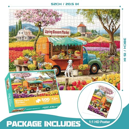 Rompecabezas de 500 piezas para adultos – Camión de flores y mercado, perro y tulipanes en jardín, desafiante, ideal para noches de juegos, 20,5 x 15 pulgadas miniatura 2