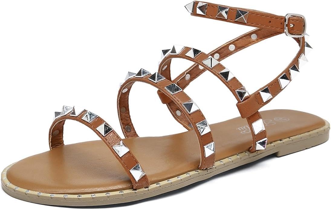 katliu Women's Flat Sandals Strappy Studded Sandals Gladiator Sandals with Ankle Strap