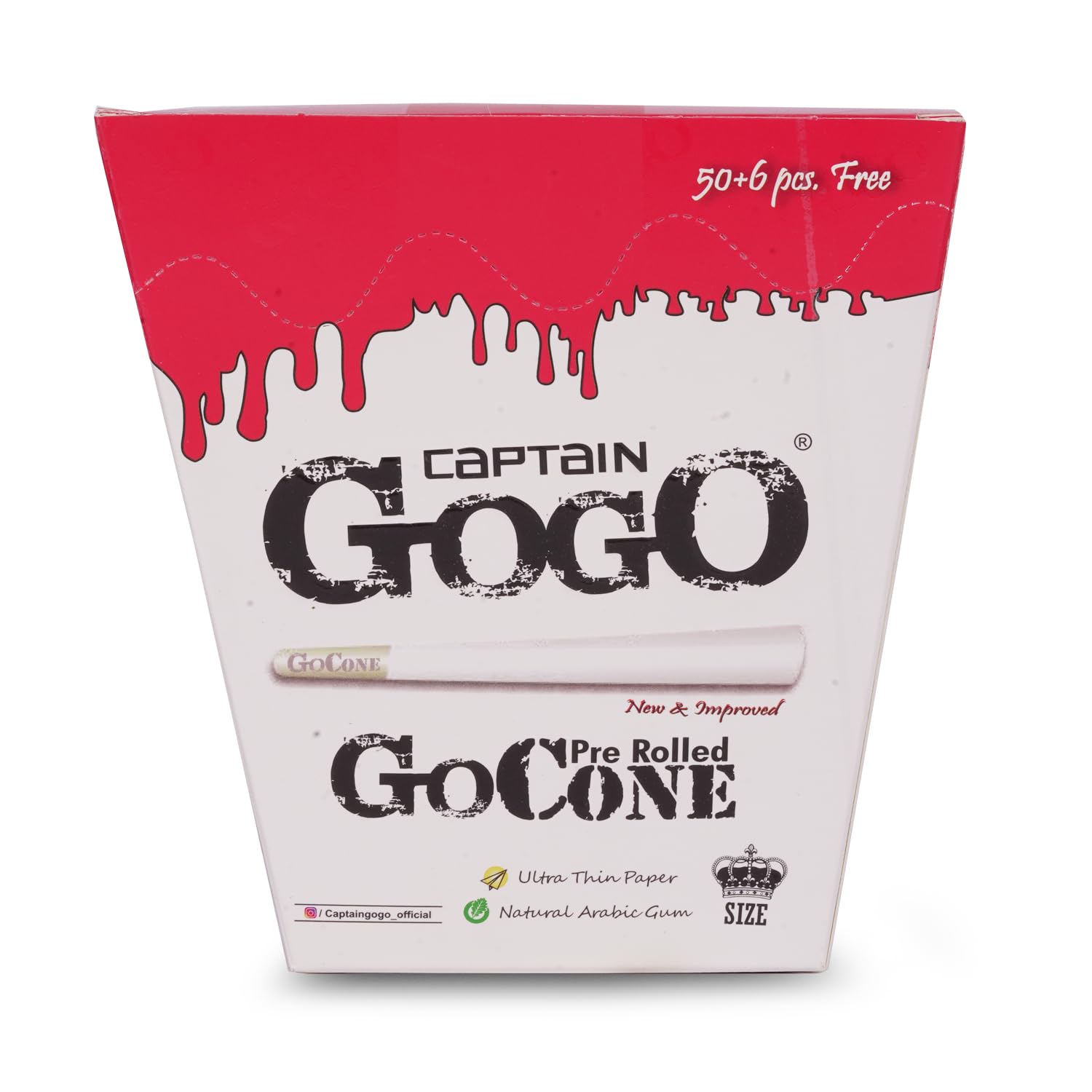 Captain GoGo Pre rolled cone natural slow burning arabic gum 13 gsm king size pack of 56 cones(white)