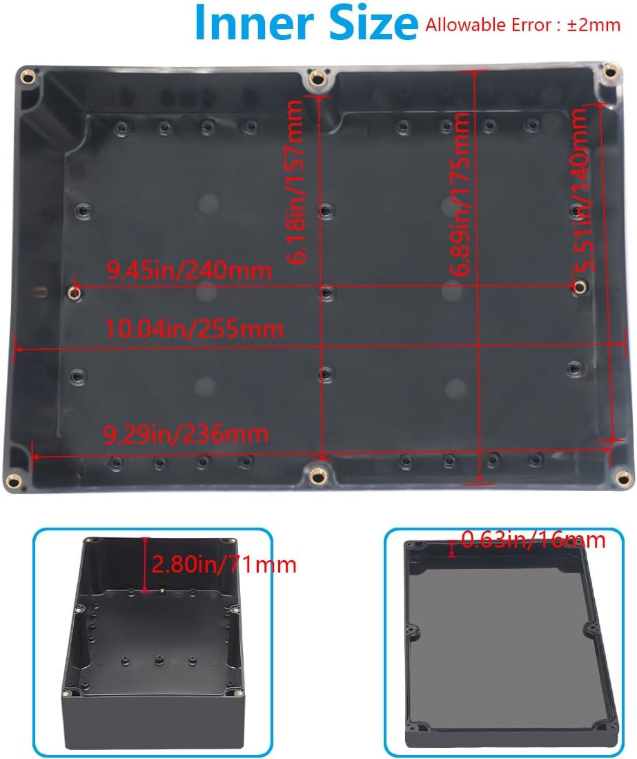 Project Box ABS Black Electrical Boxes IP67 Outdoor Waterproof box Electronic Junction Box Power Enclosure with Cable Glands for DIY Project 10.4 x 7.2 x 3.7 inch (263x182x95mm)