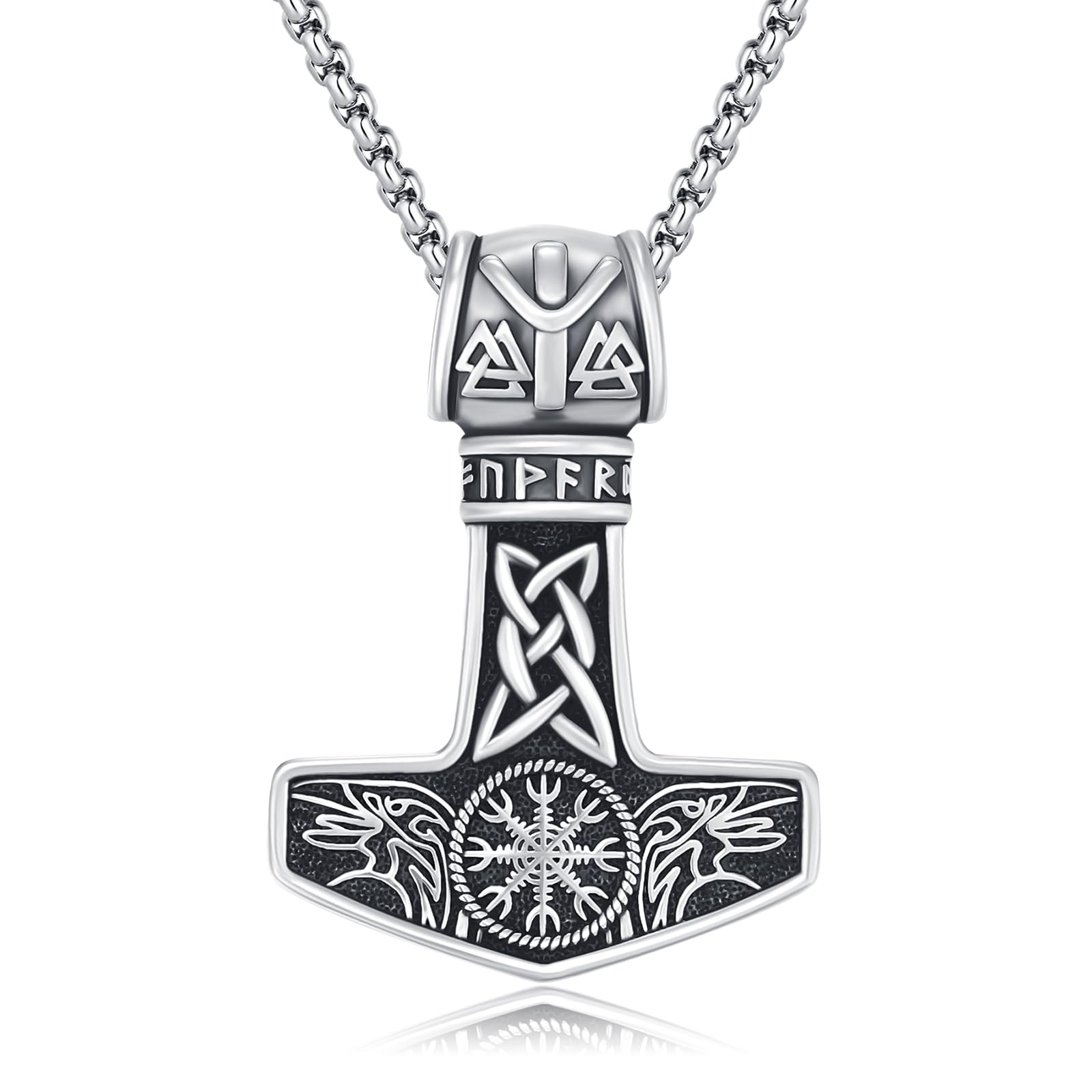 Thors Hammer Halskette 925 Sterling Silber Mjölnir Kette Thor Hammer Anhänger mit Krähen Vegvisir Amulett Schmuck für Männer Unisex, Sterling Silber