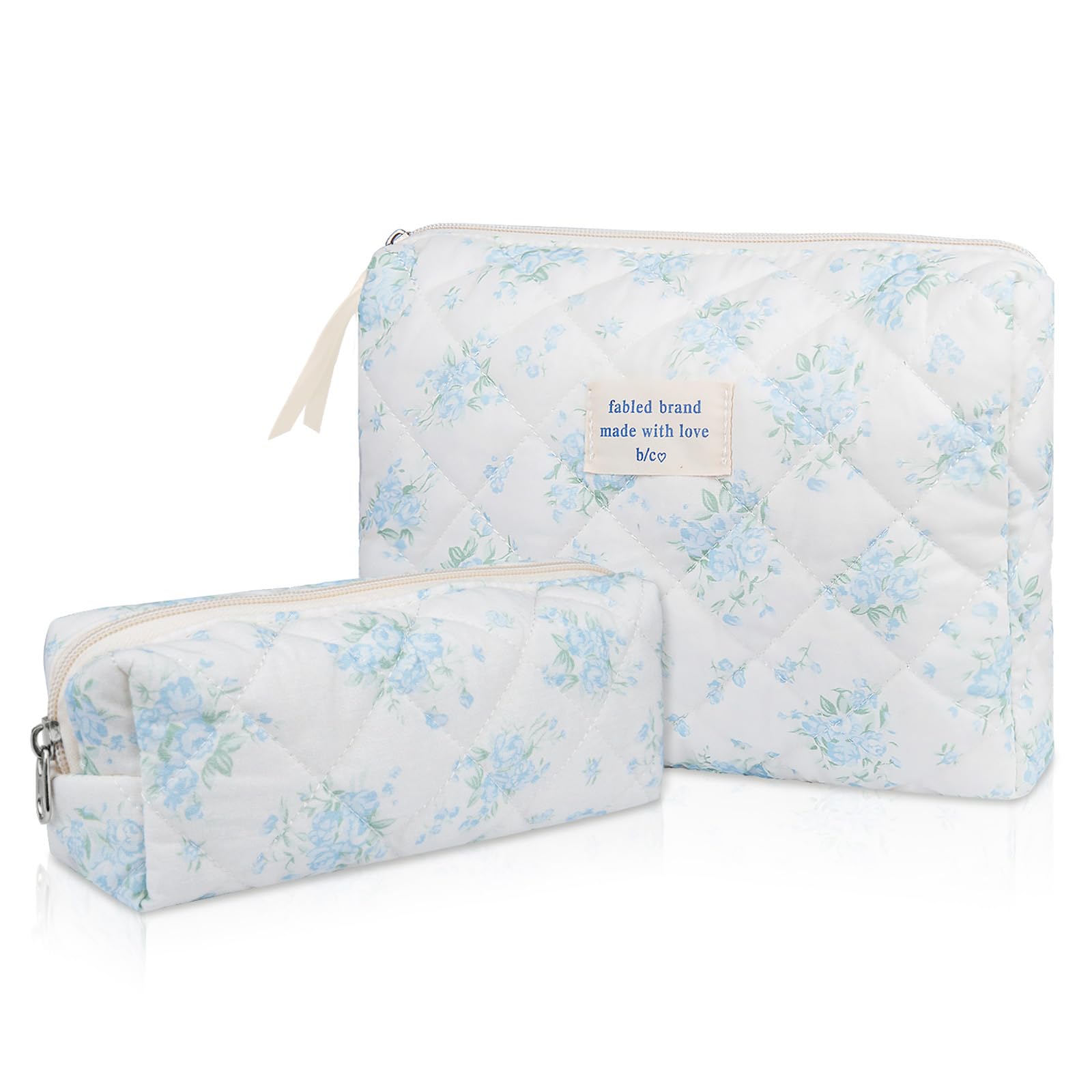 Gosect 2PC Makeup Bag Set, Cute Cosmetic Bag for Women Girls, Floral Coquette Aesthetic Toiletry Bag, Travel Make Up Organizer Bag (Blue Rose)
