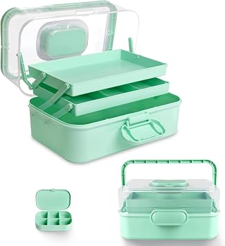 3-Layer Multipurpose Storage Box Organizer with Handle and Dividers, Portable Tackle Box, Art Craft Case for Sewing Supplies Medicine Cosmetic, Plastic Tool Box with 2 Trays, 11, Green